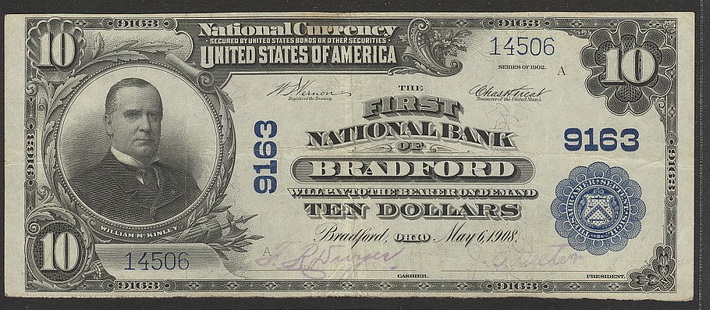 Bradford, OH, Ch.9163, 1902PB $10, FNB, Ch.VF, 14506